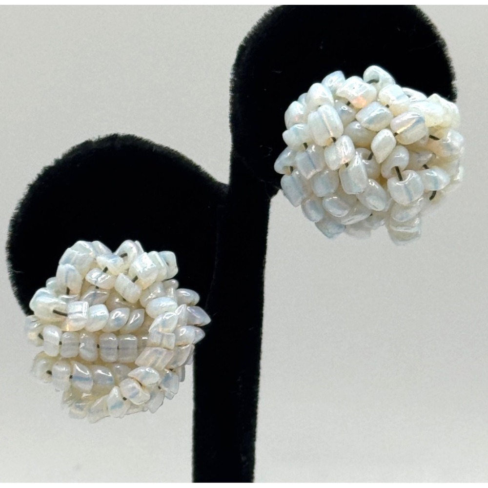 Vintage Italy Opalescent Glass Seed Bead Beaded Cluster Clip On Earrings